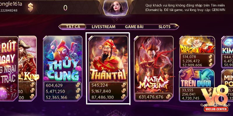 Chọn chơi game “Thần tài” trong danh mục trò chơi